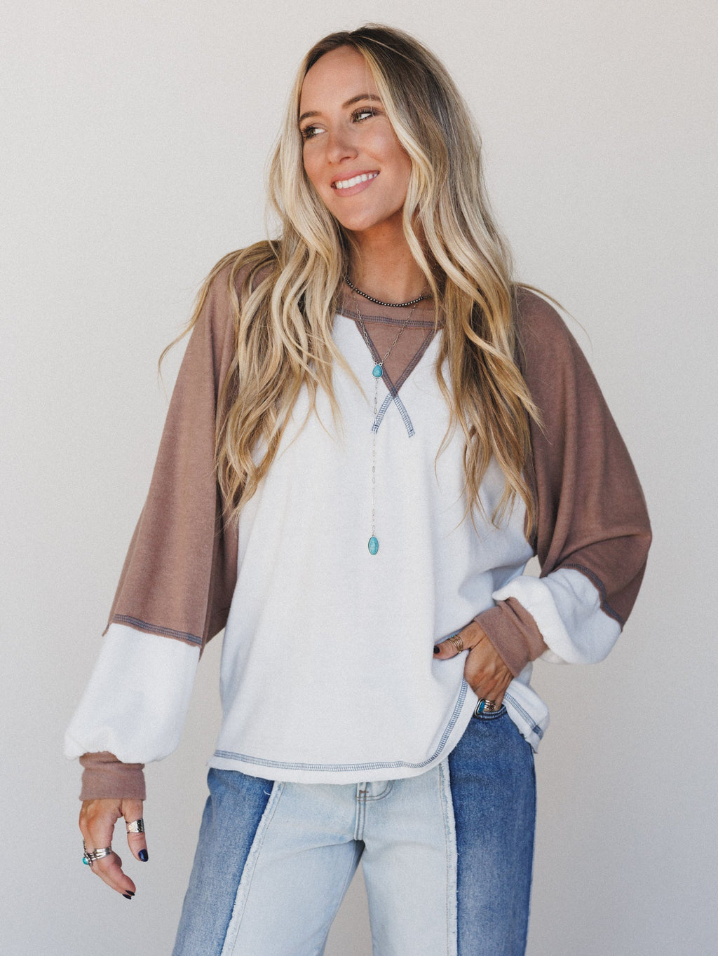 The Nest Jules Contrast Pullover Top - Off White Mocha - Pre Order