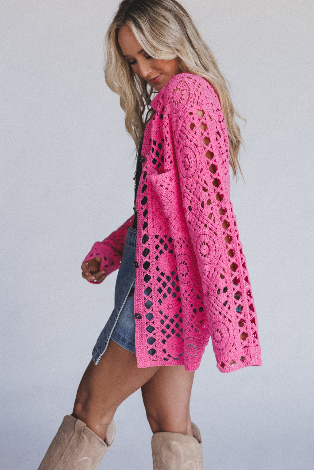 Marisela Crochet Button Down Top - Pink - Pre Order