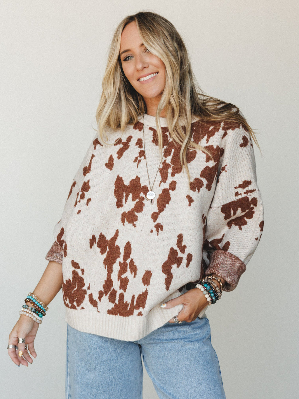 Cow Printed Sweater - Camel