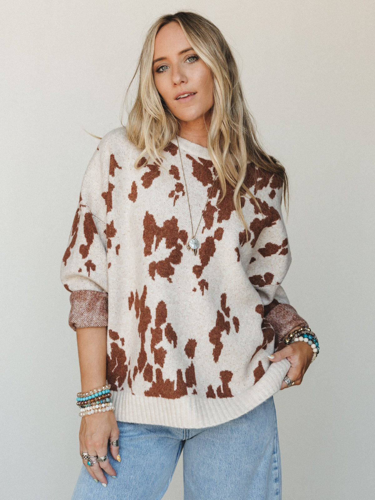 Cow Printed Sweater - Camel
