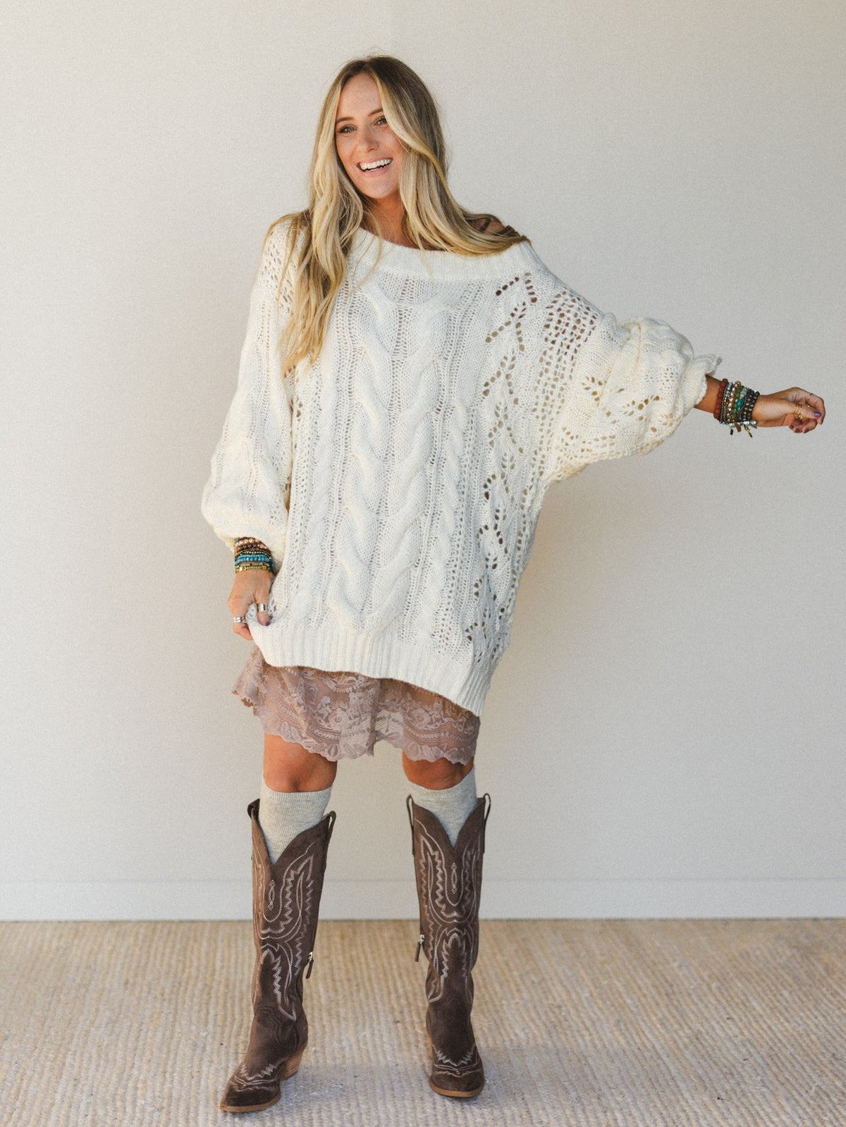 Golden Hour Bubble Sleeve Sweater Dress - Ivory