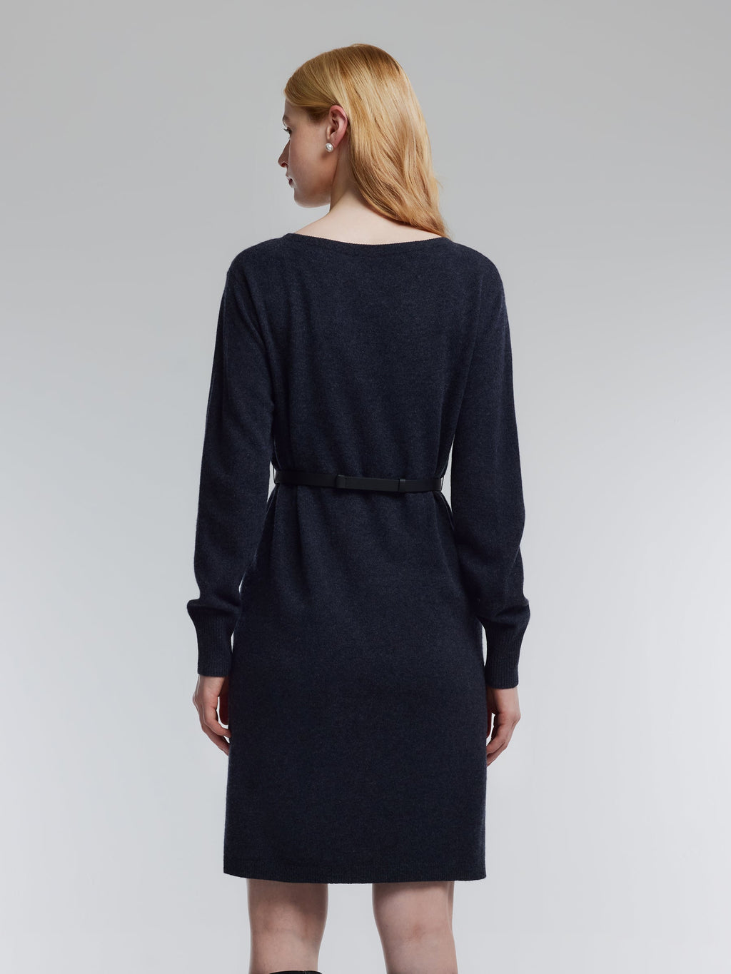 100% Wool Boat Neck Women Knit Mini Dress With Belt