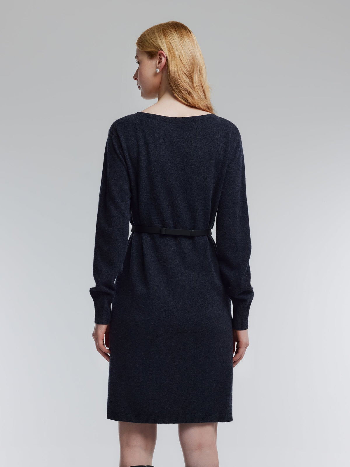 100% Wool Boat Neck Women Knit Mini Dress With Belt