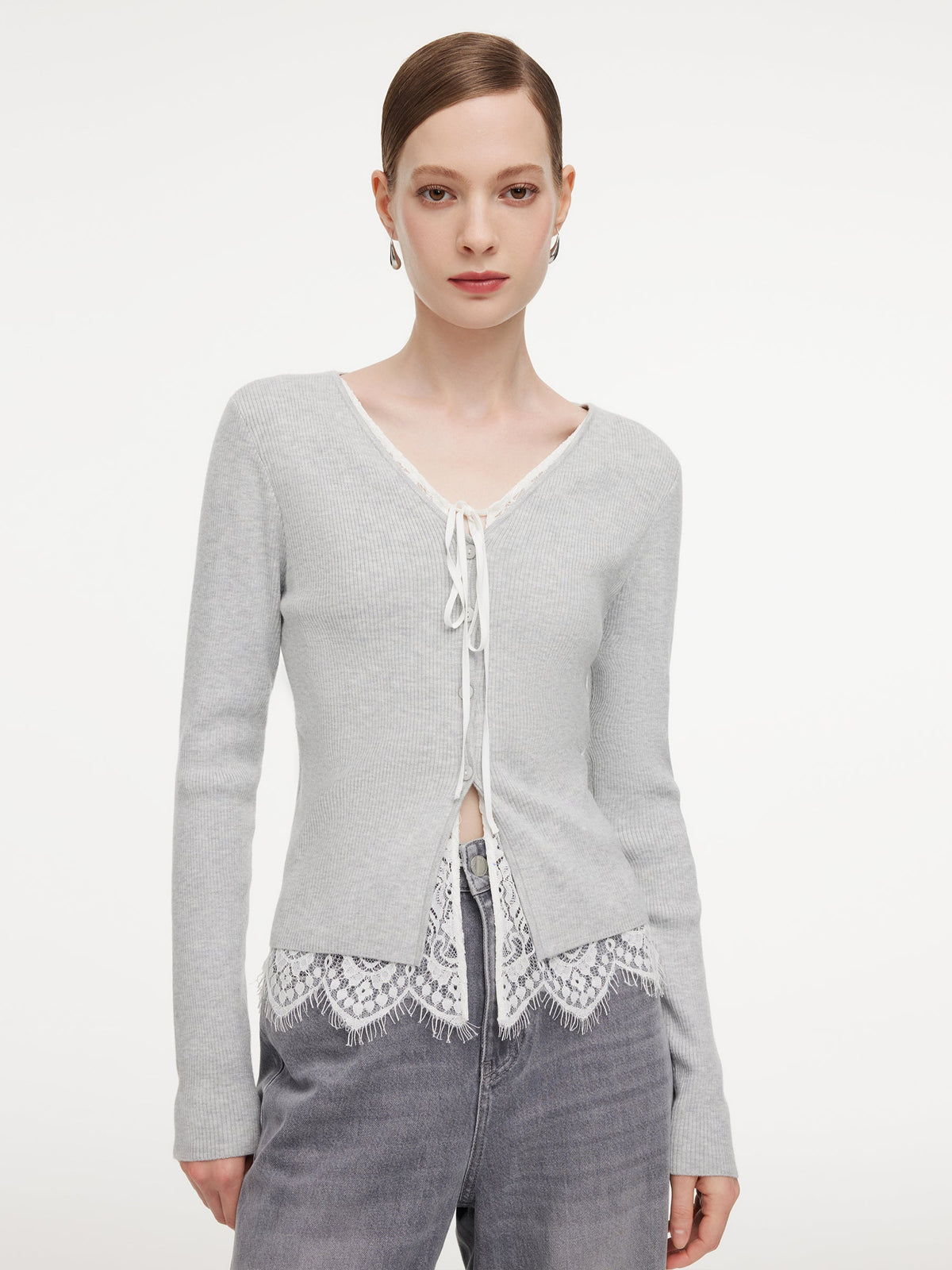 Lace Mock-Layered Women V-Neck Cardigan