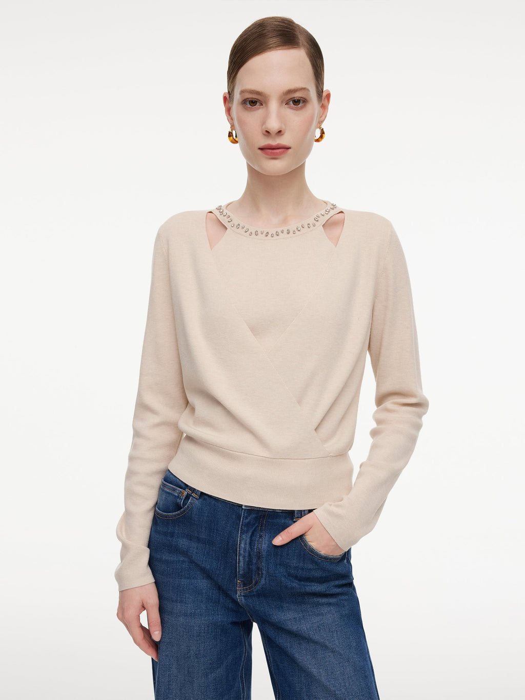 Tencel Wool Blend Beaded Neck Women Cut-Out Wrap Knit Top