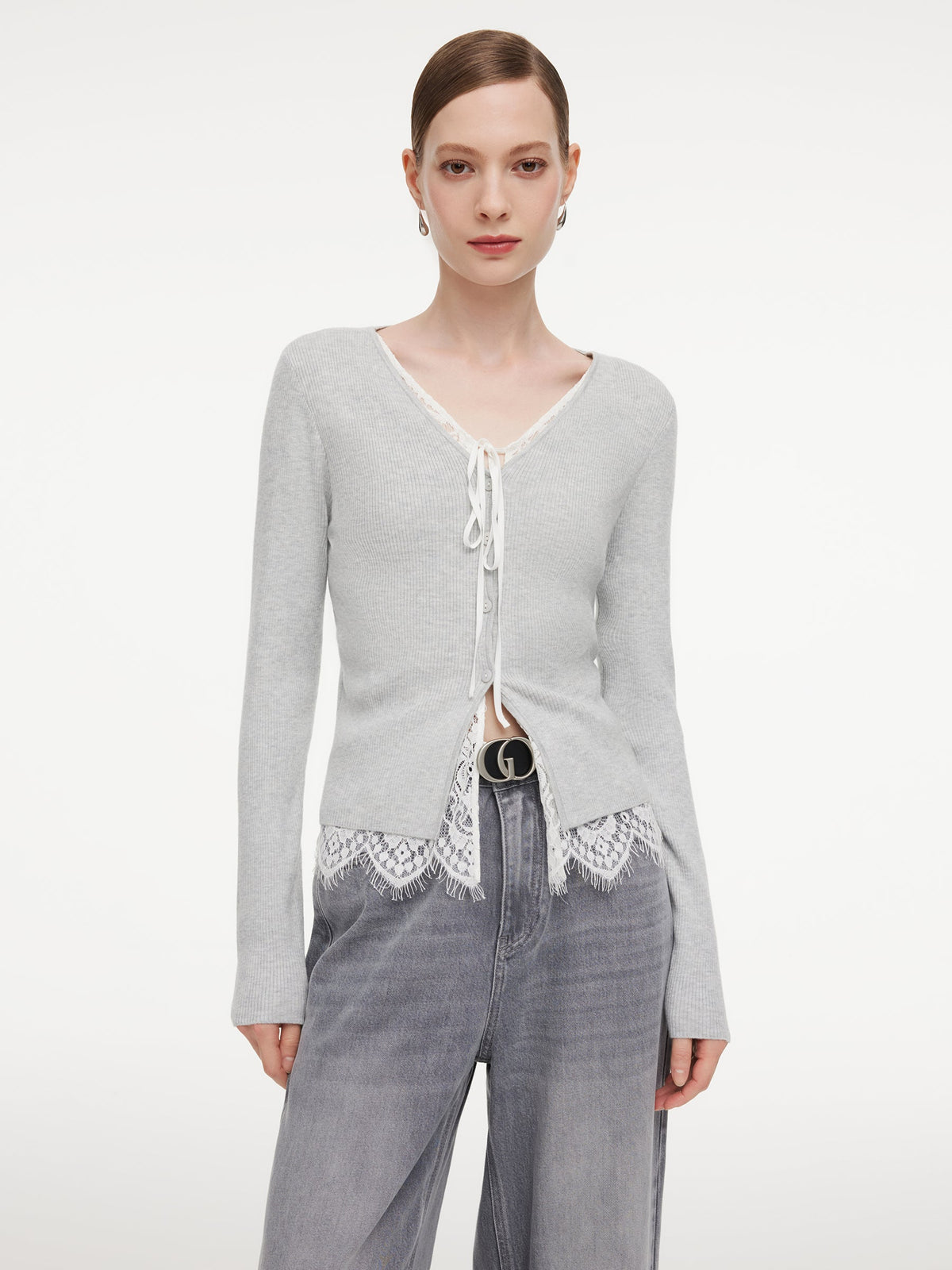 Lace Mock-Layered Women V-Neck Cardigan