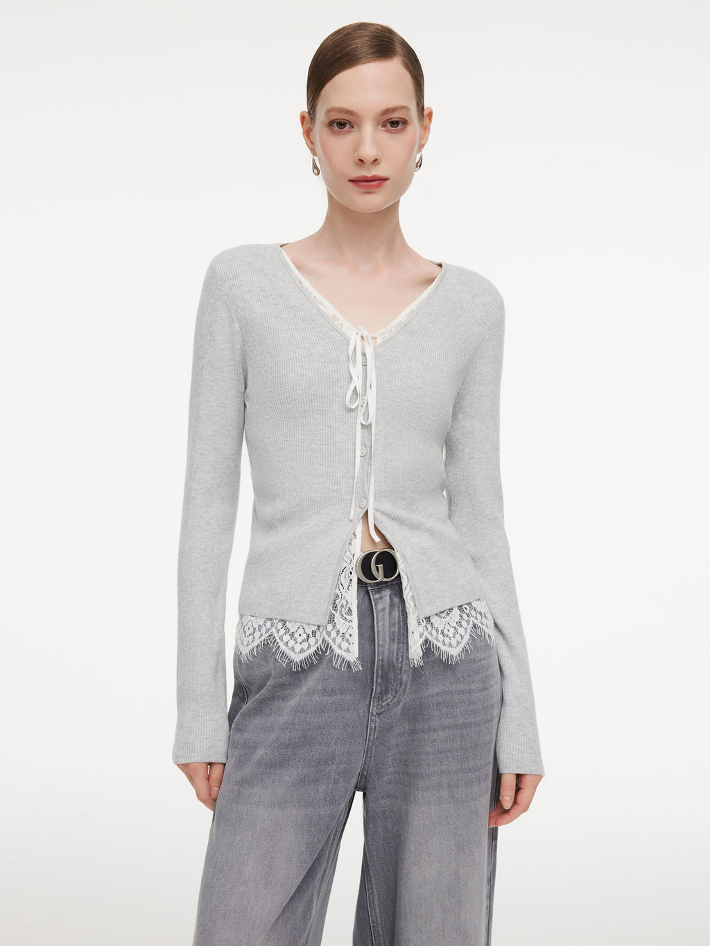 Lace Mock-Layered Women V-Neck Cardigan
