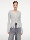 Lace Mock-Layered Women V-Neck Cardigan