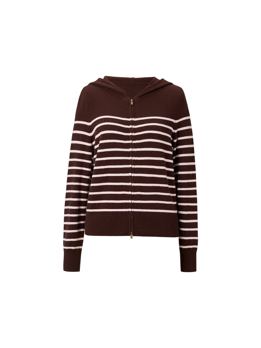 100% Wool Brown Stripe Women Hooded Zip-Up Cardigan