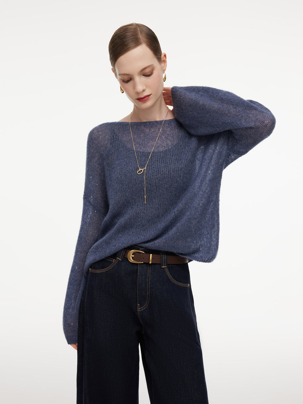 Cashmere Mulberry Silk Blend Boat Neck Women Knit Top