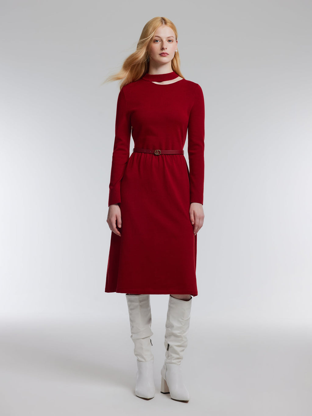 Lyocell Wool Blend Cut Out Women Knit Midi Dress With Belt