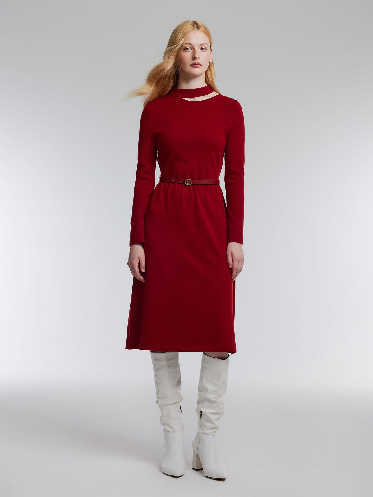 Lyocell Wool Blend Cut Out Women Knit Midi Dress With Belt