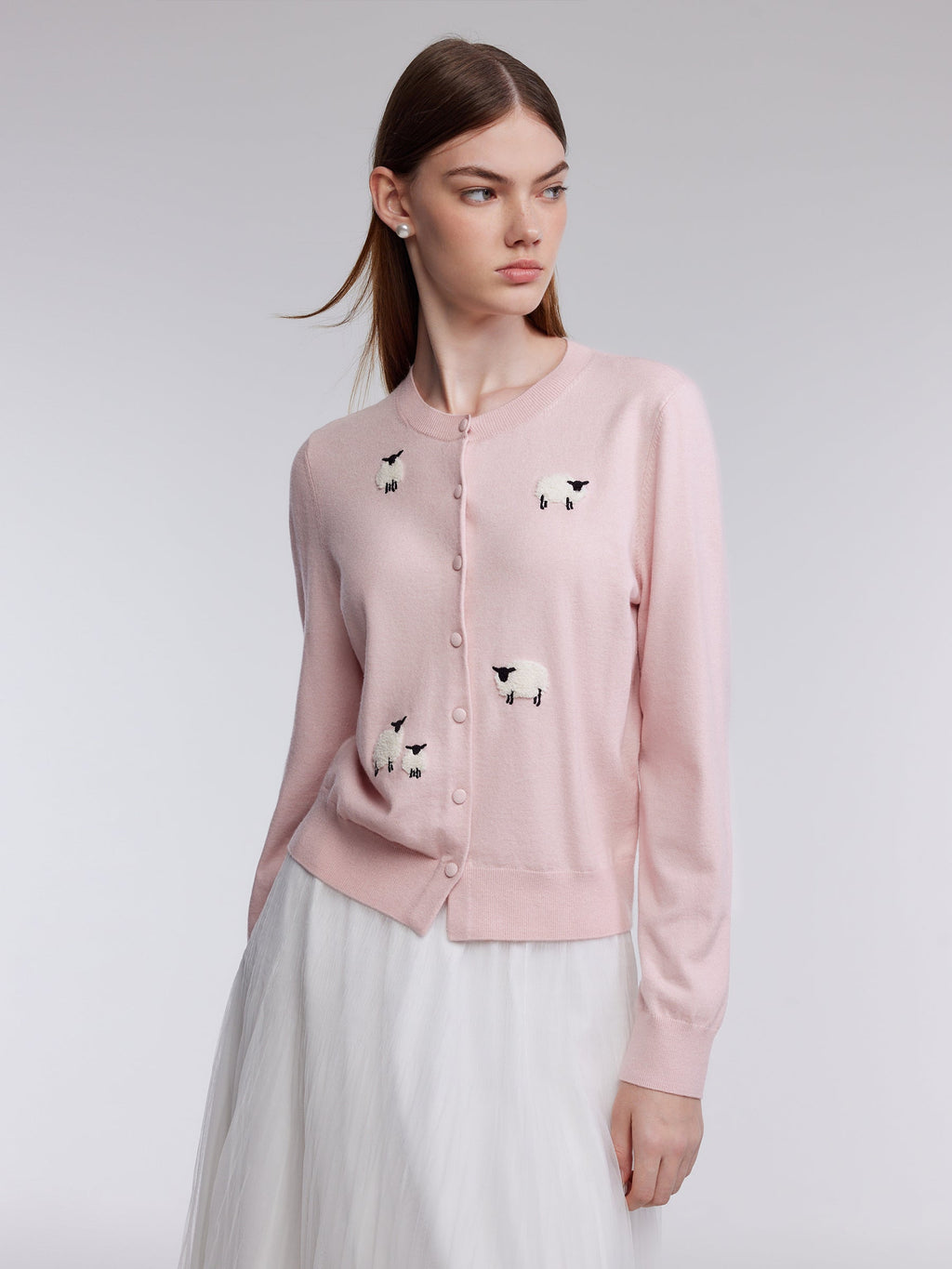 Textured Sheep Embroidered Women Cardigan