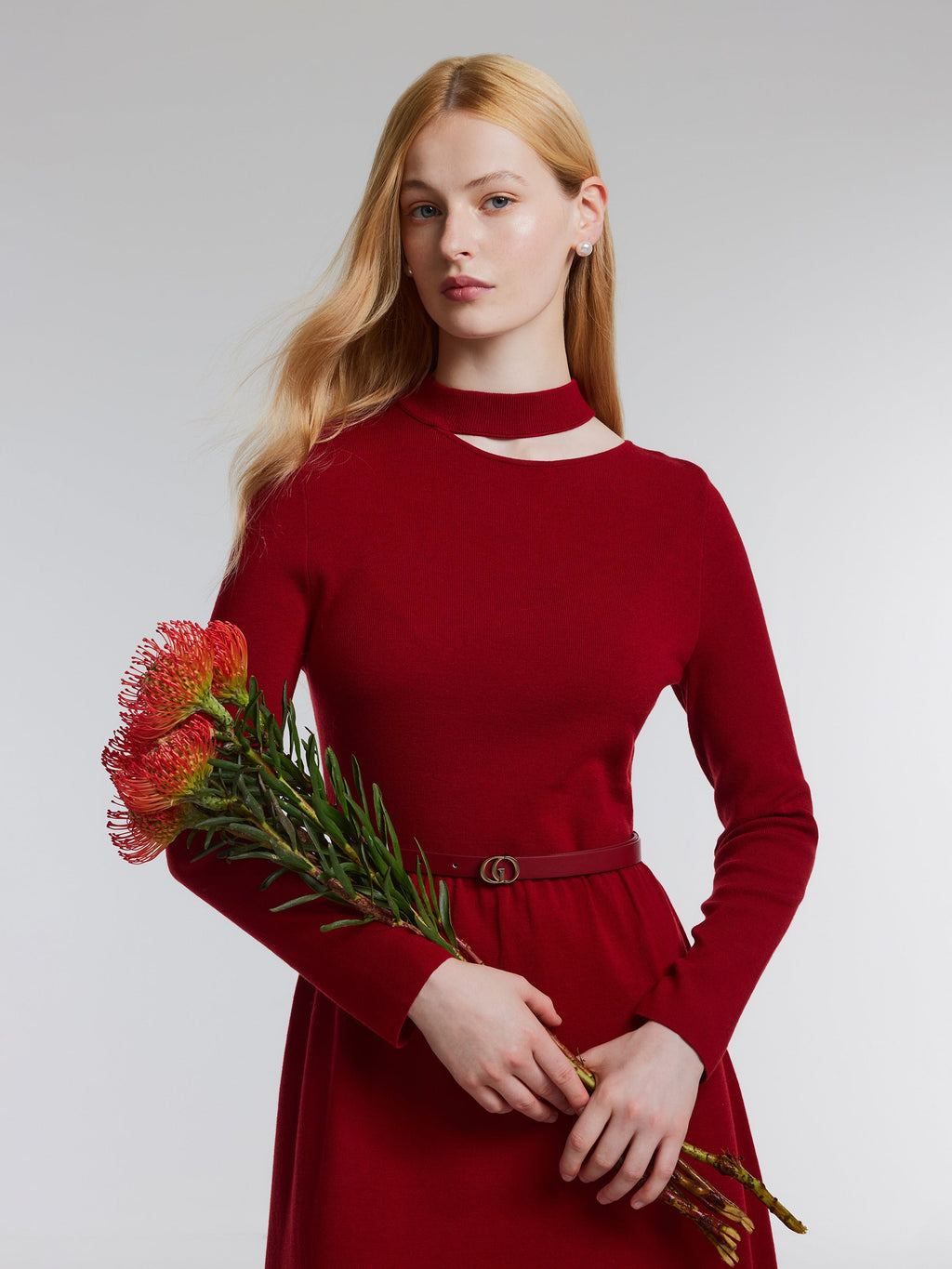 Lyocell Wool Blend Cut Out Women Knit Midi Dress With Belt