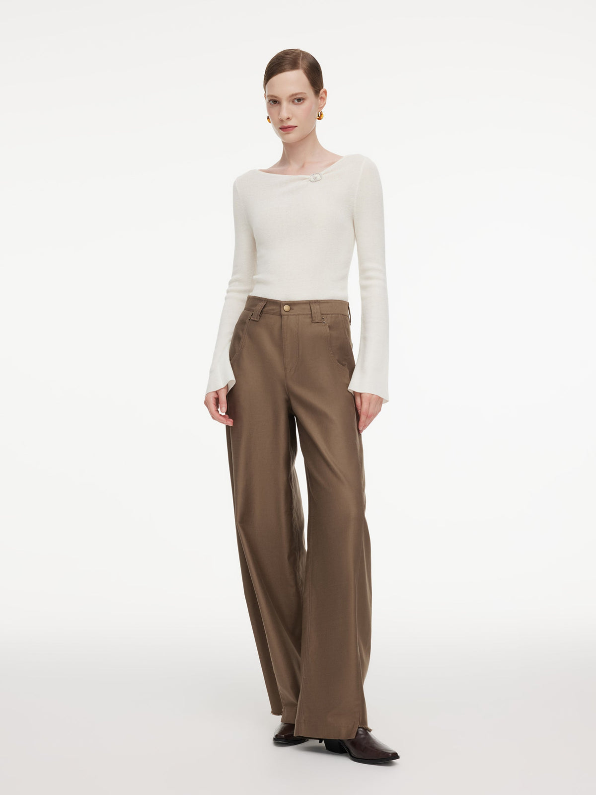 Wool Blend Boat Neck Women Knit Top With GO Letter Clip