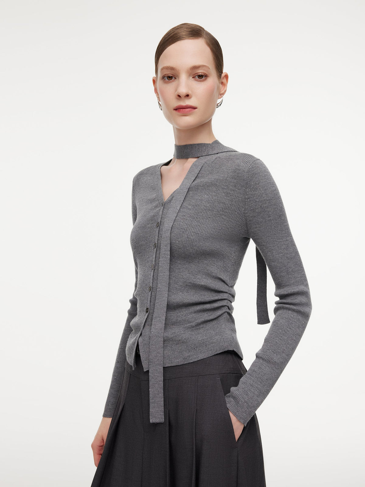 Wool Blend Ribbon V-Neck Women Cardigan