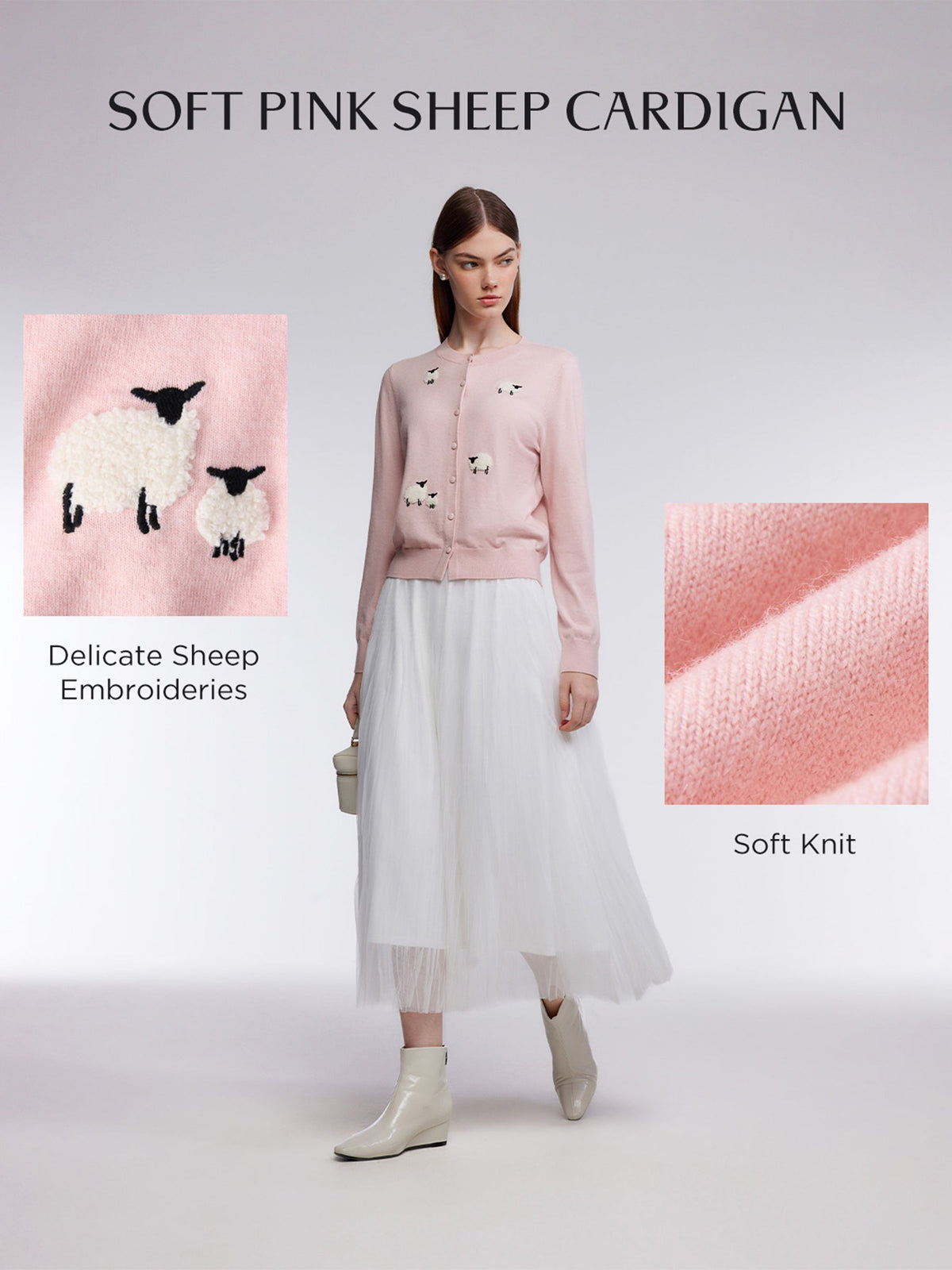 Textured Sheep Embroidered Women Cardigan