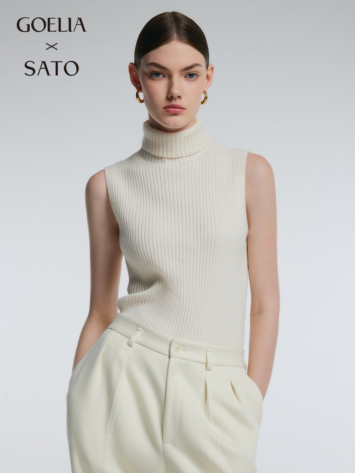 100% Wool Ribbed Women Turtleneck Tank Top