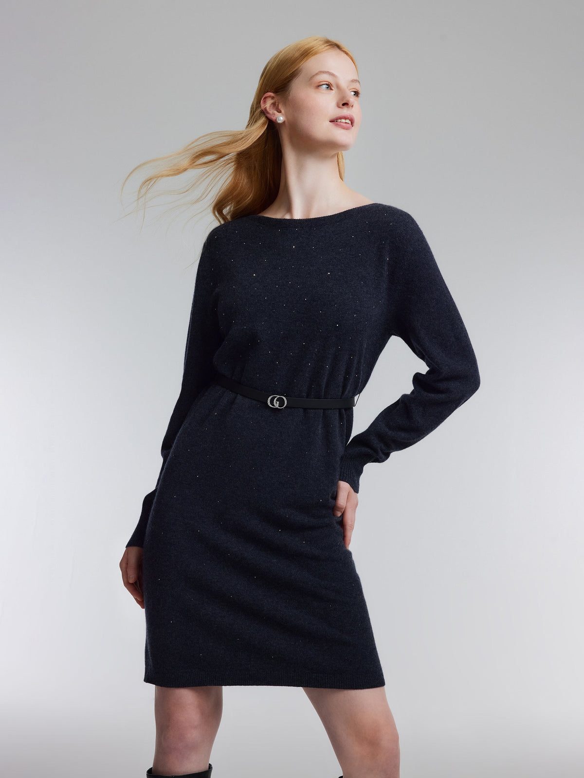 100% Wool Boat Neck Women Knit Mini Dress With Belt
