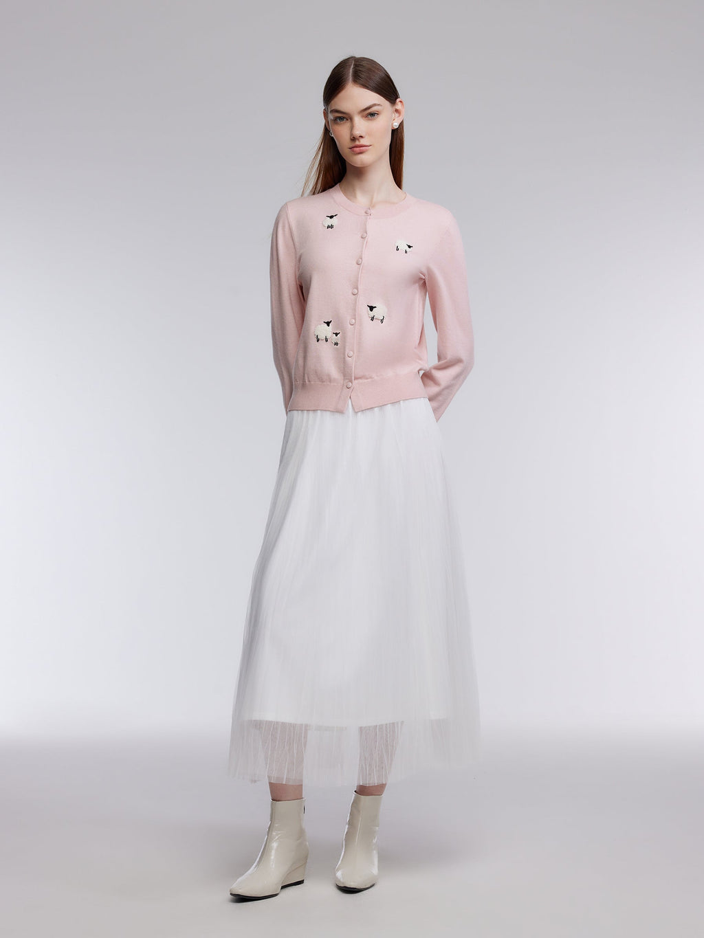 Textured Sheep Embroidered Women Cardigan