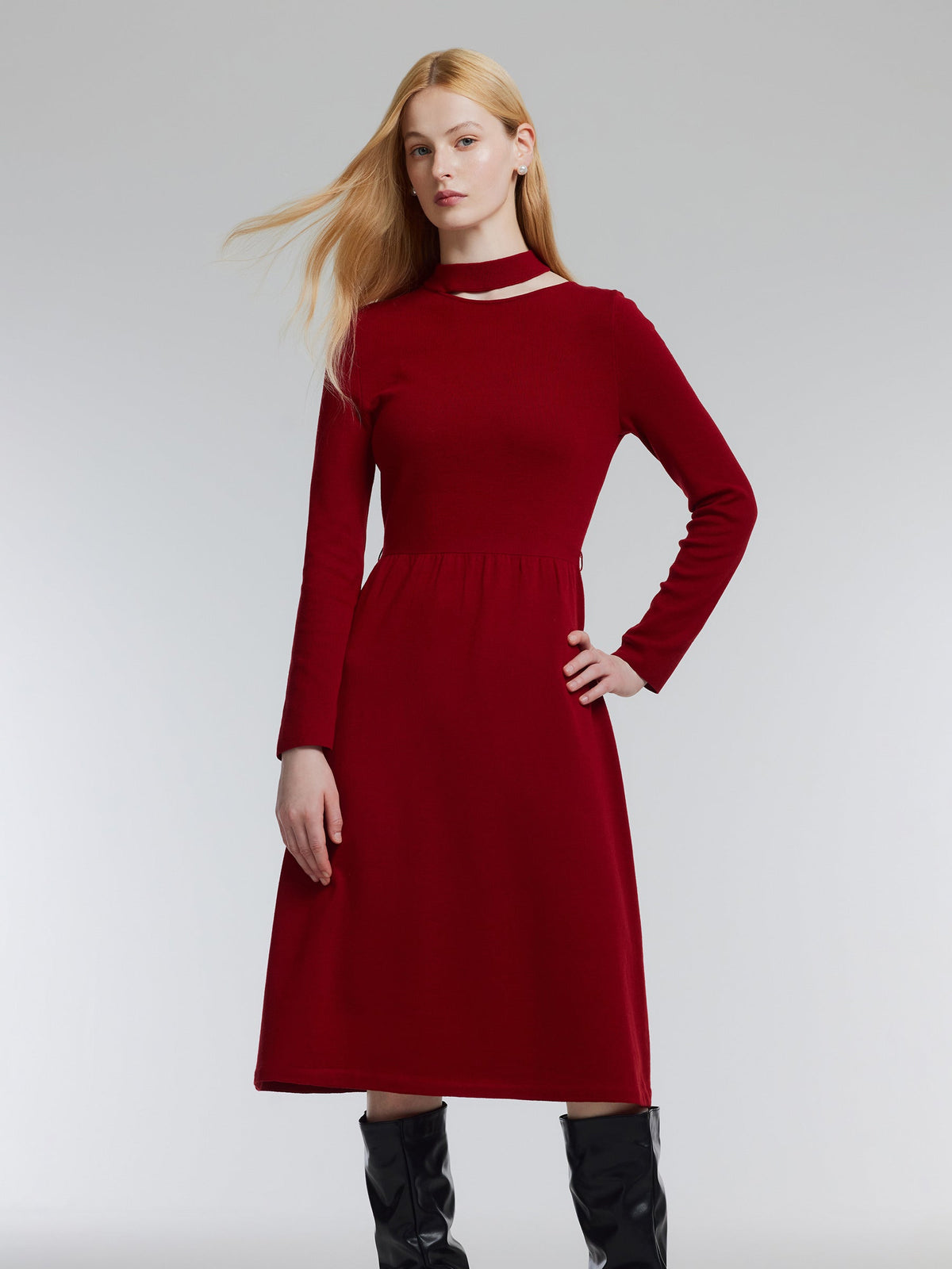 Lyocell Wool Blend Cut Out Women Knit Midi Dress With Belt