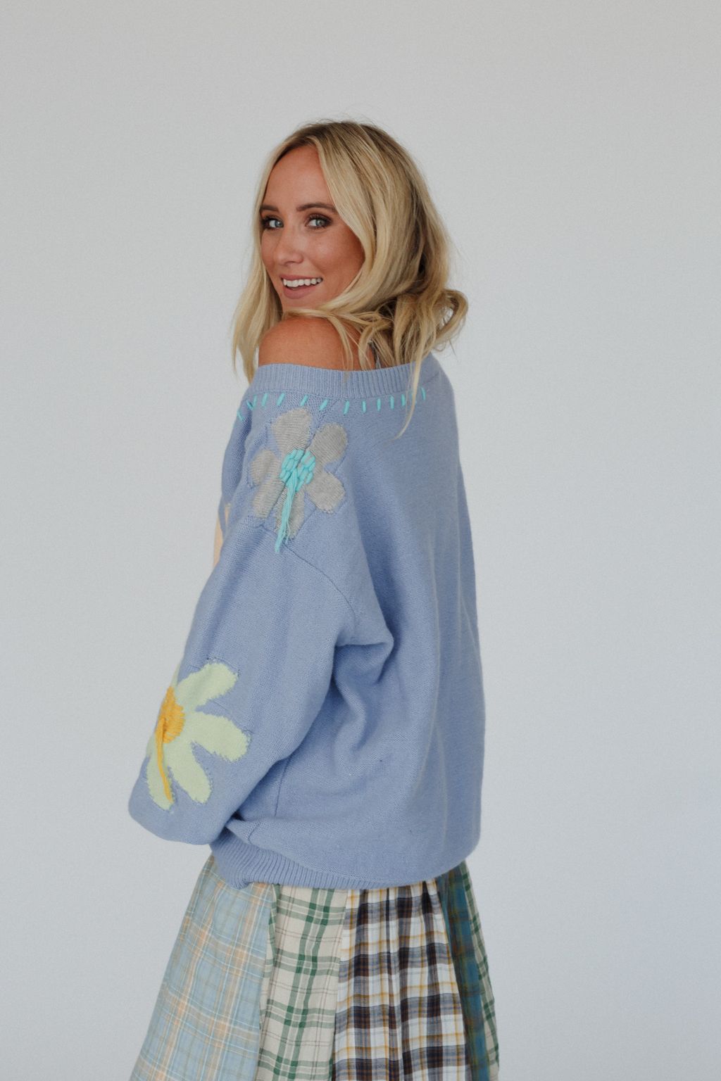 Good Mood Flower Print Sweater - Blue