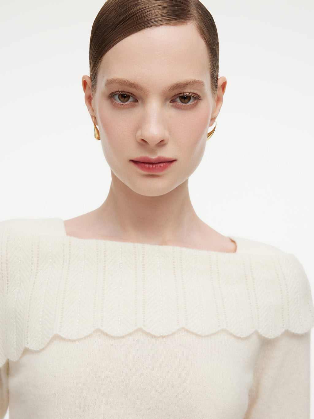 Wool Blend Rhinestone Scalloped Boat Neck Women Knit Top