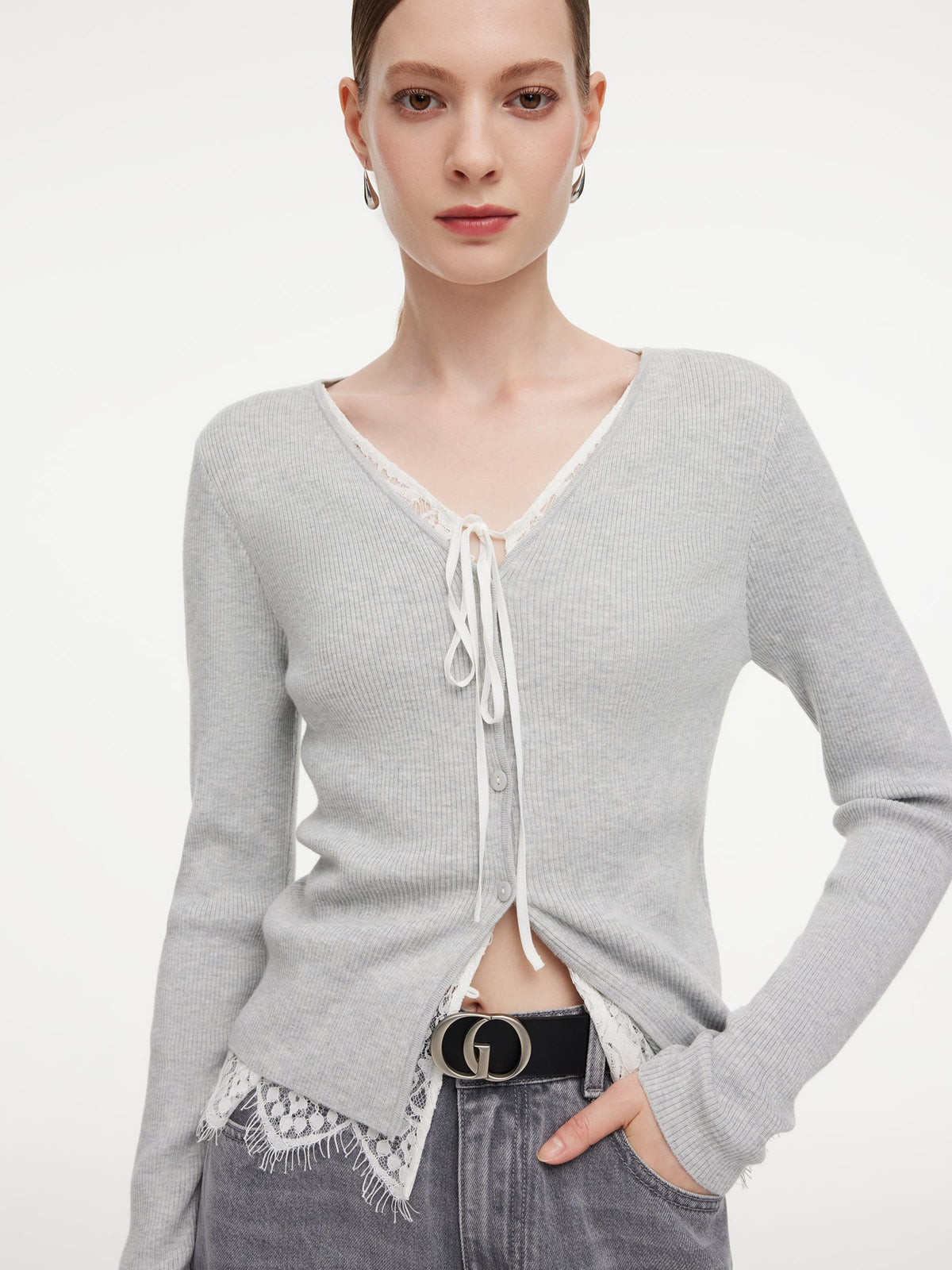 Lace Mock-Layered Women V-Neck Cardigan