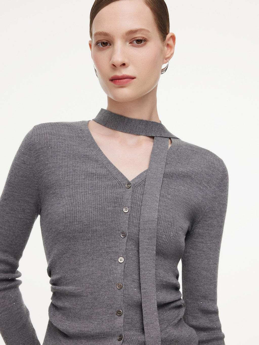 Wool Blend Ribbon V-Neck Women Cardigan