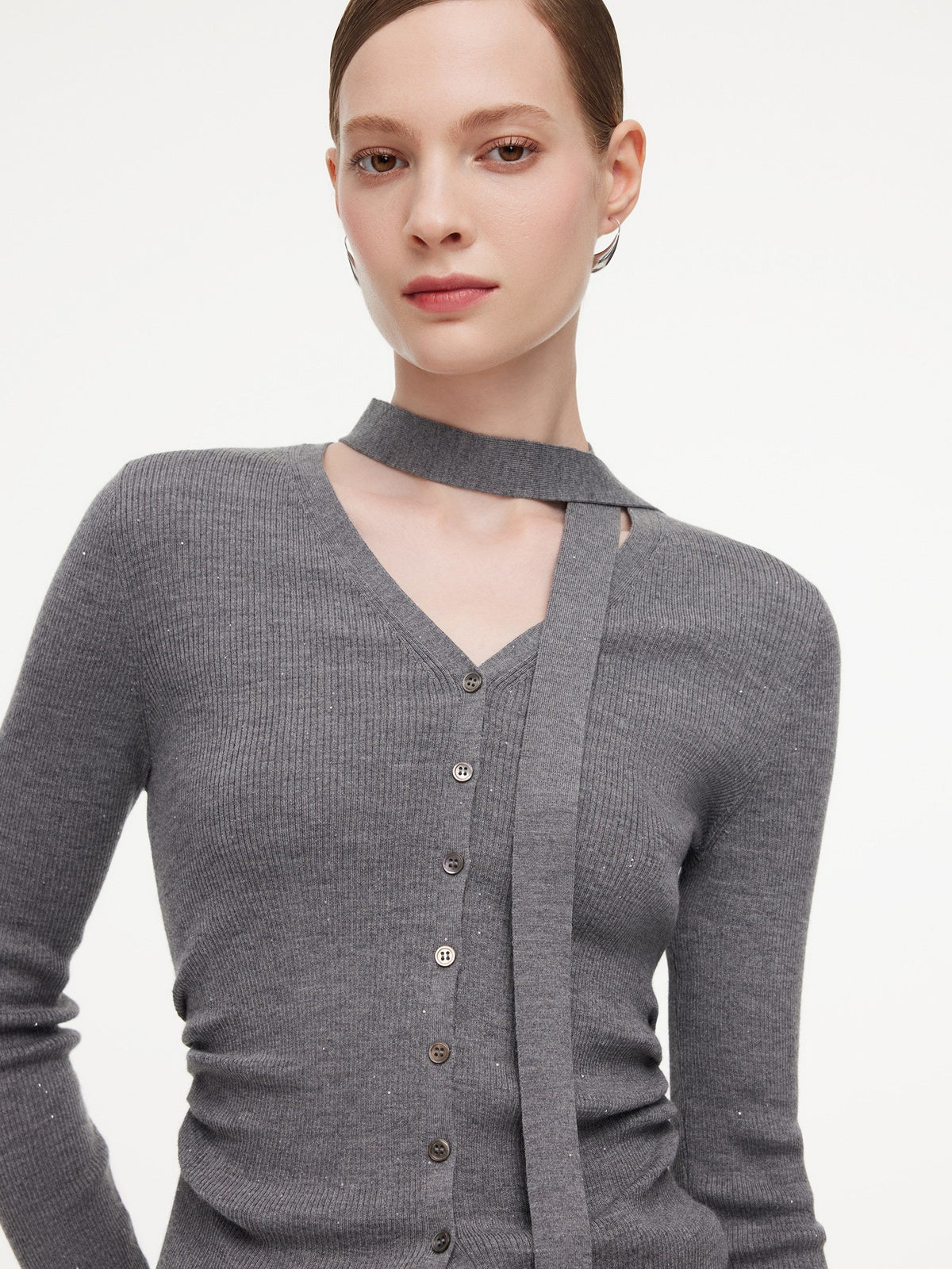 Wool Blend Ribbon V-Neck Women Cardigan