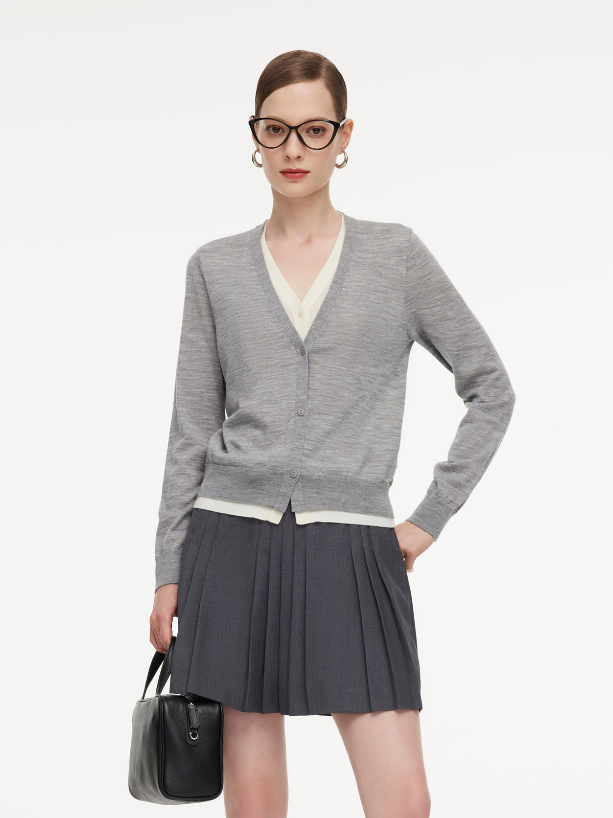 100% Wool V-Neck Women Mock-Layered Cardigan