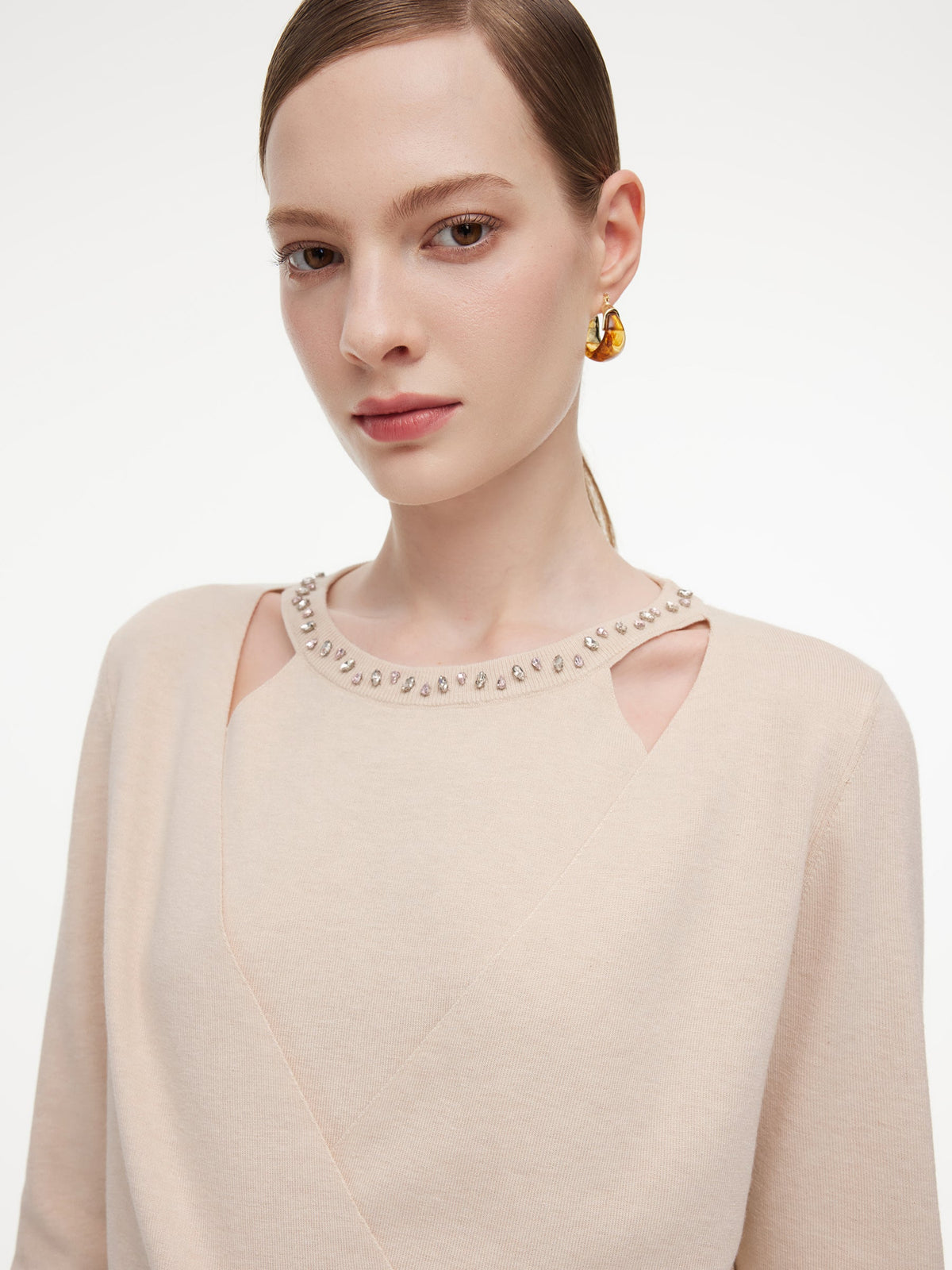 Tencel Wool Blend Beaded Neck Women Cut-Out Wrap Knit Top