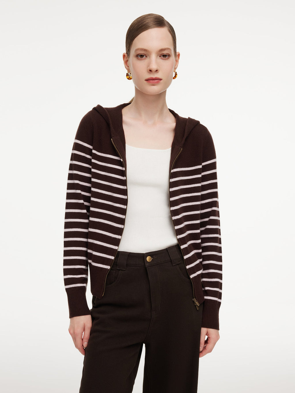 100% Wool Brown Stripe Women Hooded Zip-Up Cardigan