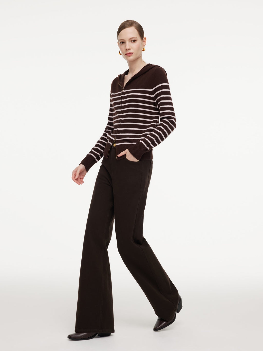 100% Wool Brown Stripe Women Hooded Zip-Up Cardigan