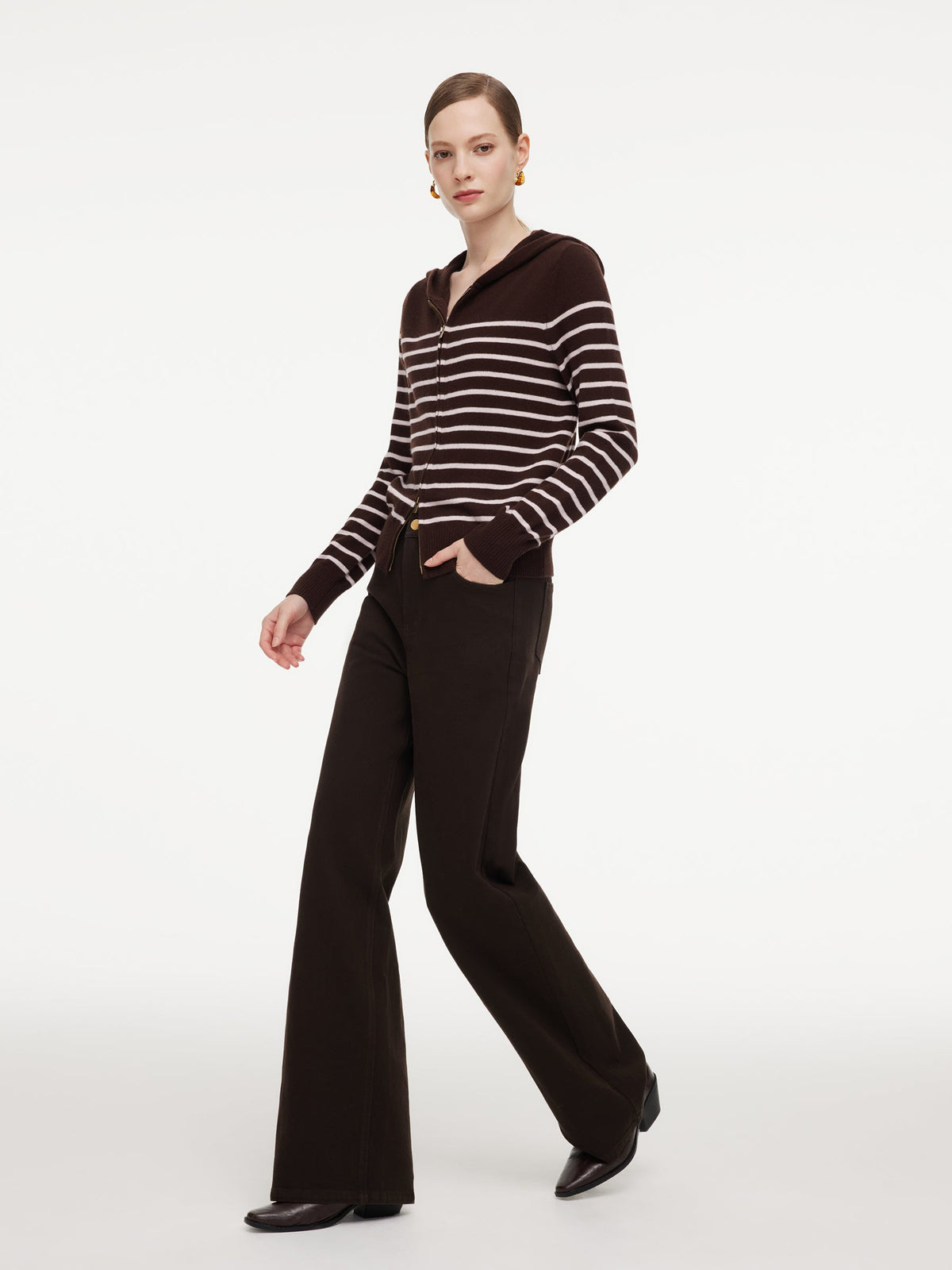 100% Wool Brown Stripe Women Hooded Zip-Up Cardigan
