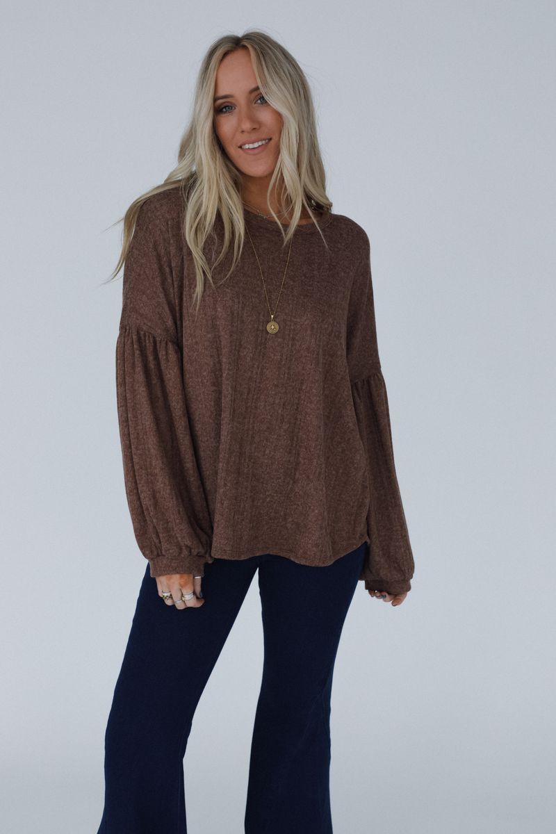 The Nest Sweet Heart Balloon Sleeve Knit Sweater - Mocha