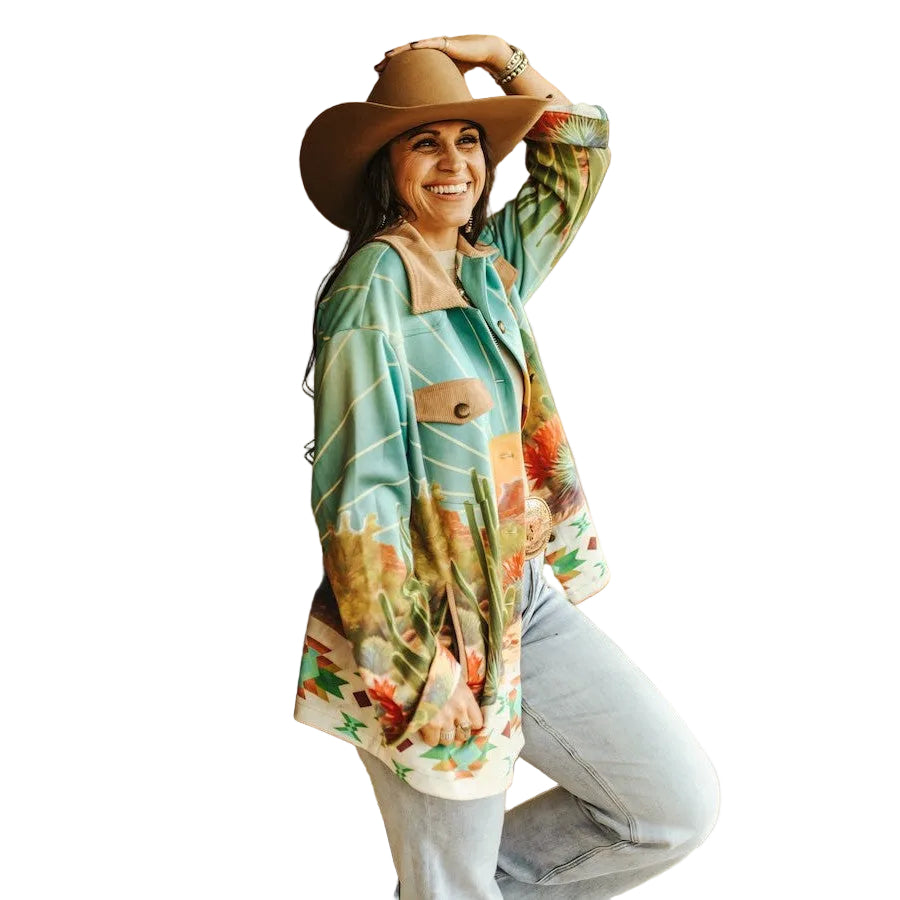Lucky & Blessed Sunset Cactus Desert Aztec Scene Printed Long Sleeve Shacket
