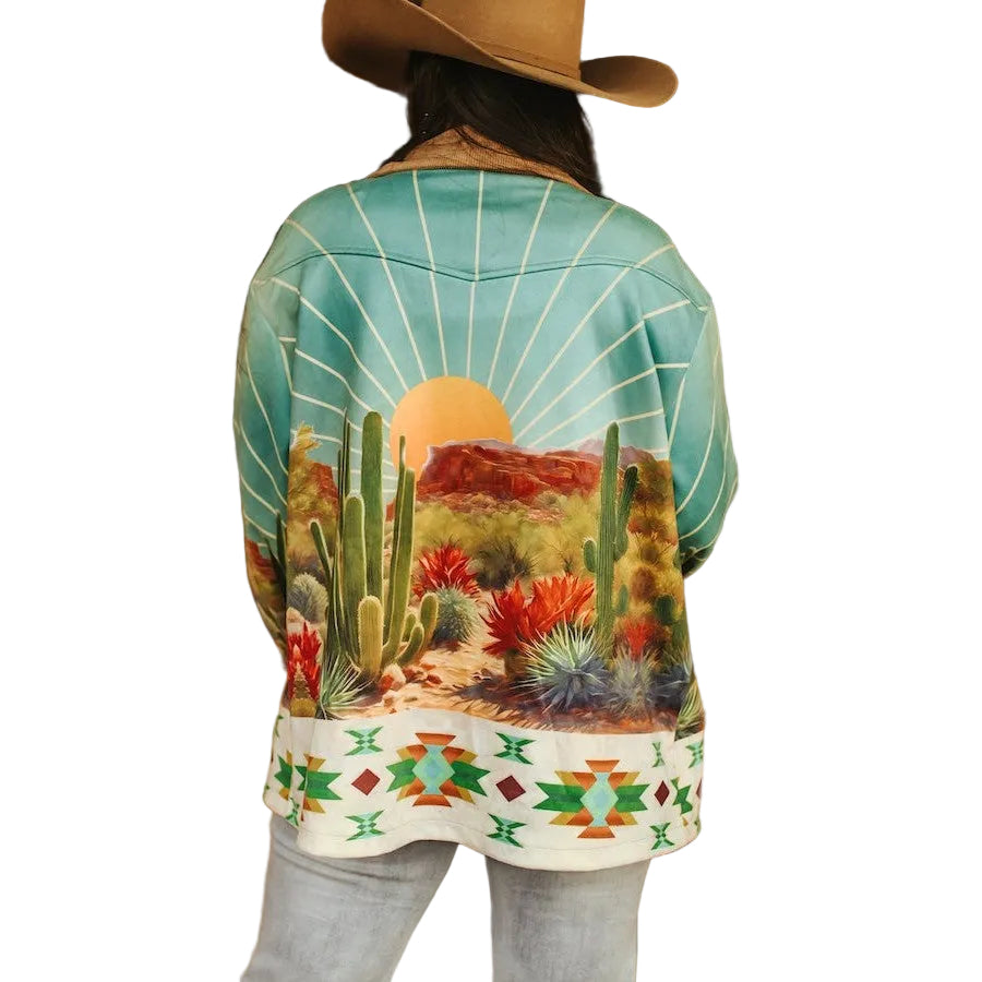 Lucky & Blessed Sunset Cactus Desert Aztec Scene Printed Long Sleeve Shacket