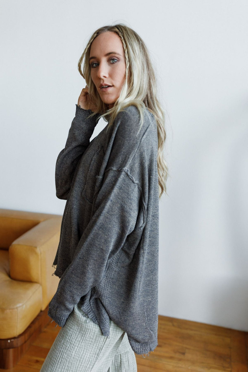 Monday Strolls Frayed Sweater - Charcoal