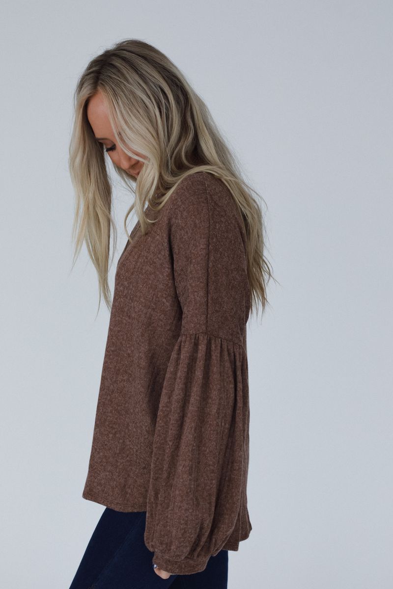 The Nest Sweet Heart Balloon Sleeve Knit Sweater - Mocha