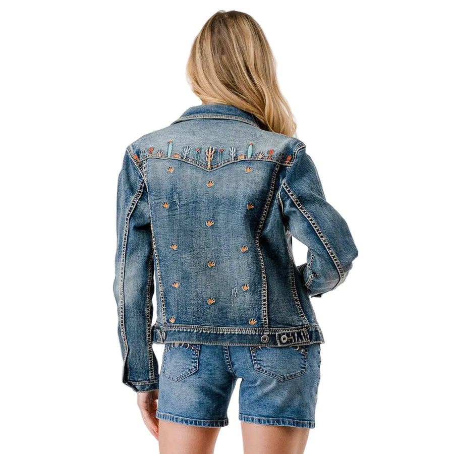 Grace in LA Women's Cactus Embroidered Denim Jacket - Medium Blue