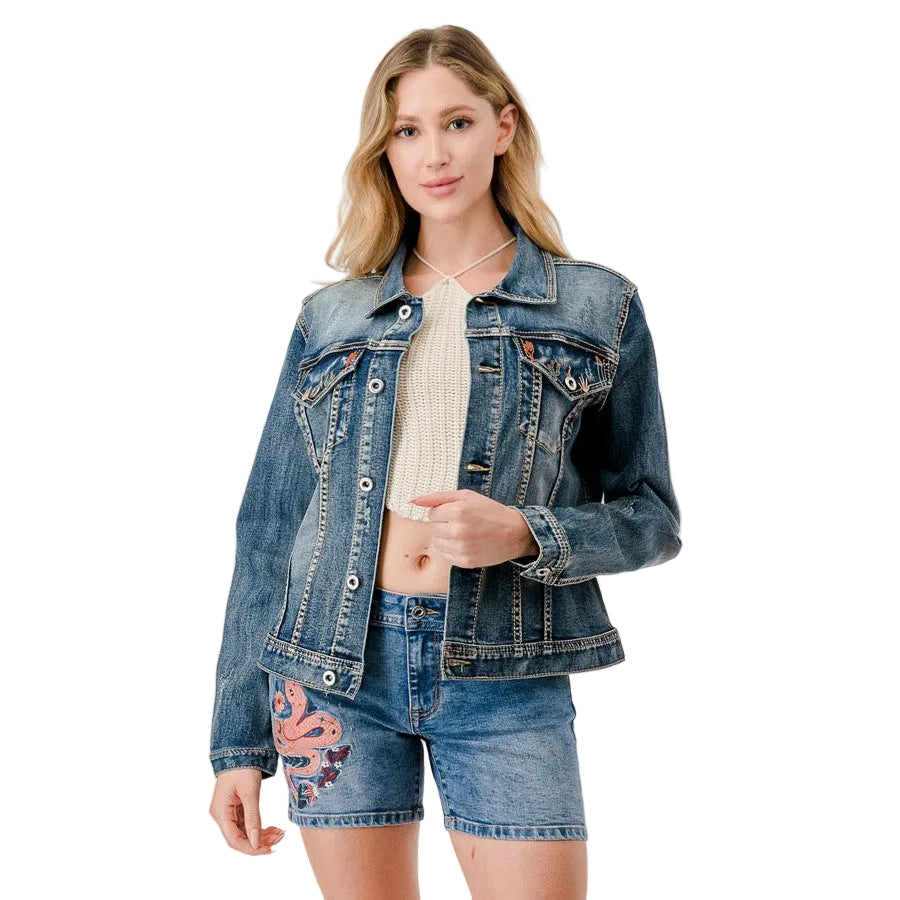 Grace in LA Women's Cactus Embroidered Denim Jacket - Medium Blue
