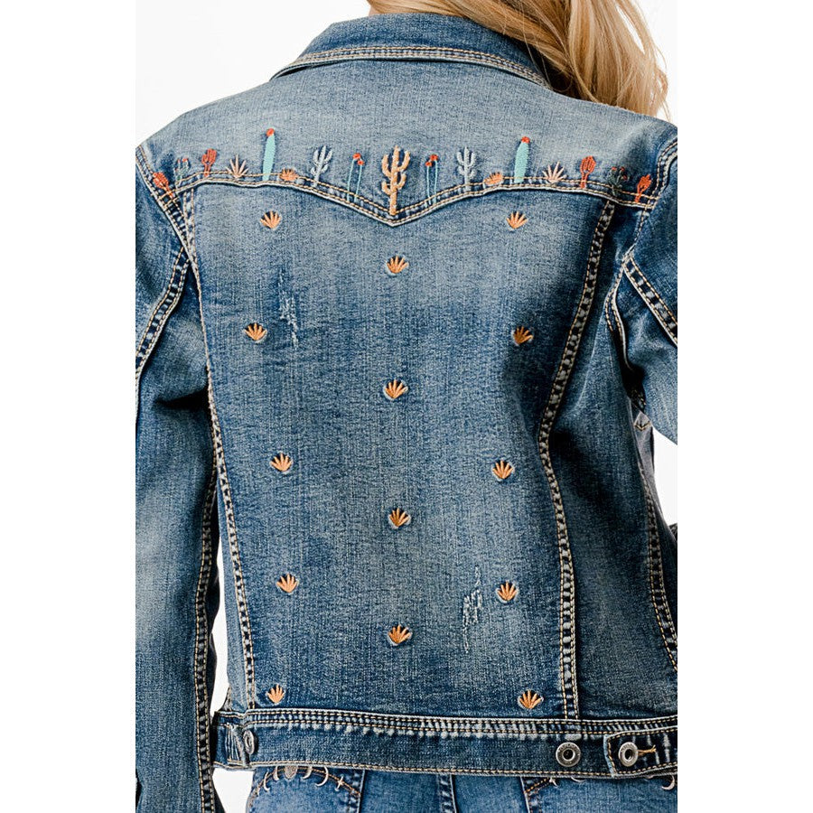 Grace in LA Women's Cactus Embroidered Denim Jacket - Medium Blue